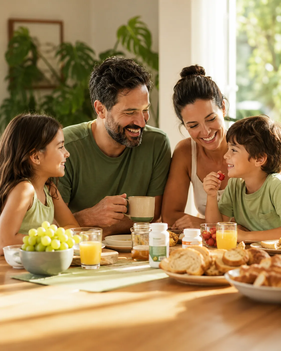Família reunida no café da manhã com suplementos Unilife